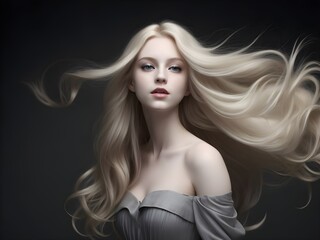 Fototapeta premium A ethereal blonde woman with flowing hair, a vision of grace and elegance against a dark background, subtly lit with soft light.