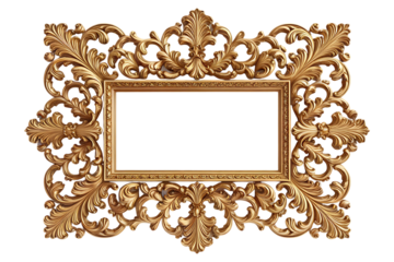Ornate Gold Rectangular Frame with Intricate Filigree Detailing  isolated on transparent background , cutout