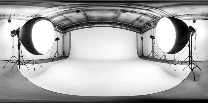 A fully spherical 360 panorama view of an empty photography studio with a studio backdrop and flash lights is depicted in a 3D rendered illustration using HDRI, HDR, and VR techniques