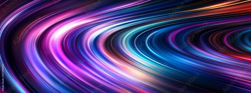 Poster the image is a 3d render of an abstract neon background with a panoramic view and colorful glowing l