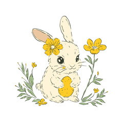 Easter Bunny Egg Rustic Floral Vector Sketch Animal Element Elegant Festive Graphic