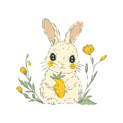 Easter Bunny with a Carrot Rustic Cute Floral Vector Sketch Animal Element Elegant Festive Graphic