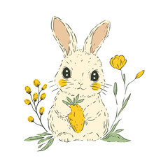 Easter Bunny with a Carrot Rustic Cute Floral Vector Sketch Animal Element Elegant Festive Graphic