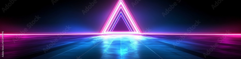 Poster the scene is set with a 3d render of an abstract panoramic background illuminated by neon light, com
