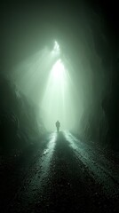 Obraz premium Lone Figure in Misty Cave.