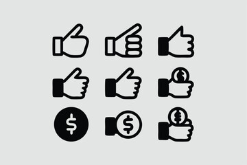 Hand flips coin icons set. Collection of hand gestures interacting with coins and currency symbols, representing financial transactions, investments, and online payments.