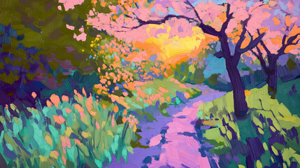 Vibrant spring landscape with blooming flowers and a winding path at sunset