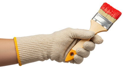 Isolated Hand in Glove Holding Paintbrush with Red Paint