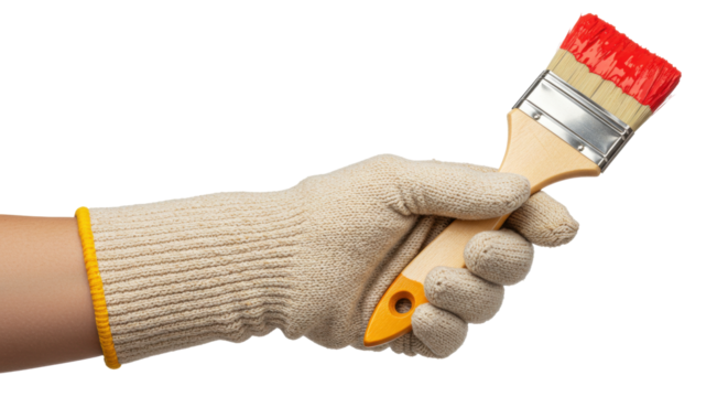 Isolated Hand in Glove Holding Paintbrush with Red Paint