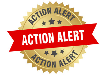 action alert. action alert round red and gold label isolated on transparent background