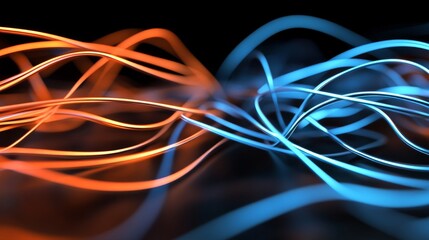 Digital cables that transport big data and are illuminated by neon lights are artistically composed with moving information impulses and twisted lines