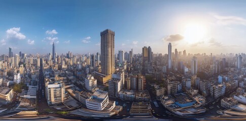 The Mumbai Skyline is presented in 8K resolution with a 360-degree view, utilizing an equirectangular projection as an environment map and HDRI spherical panorama