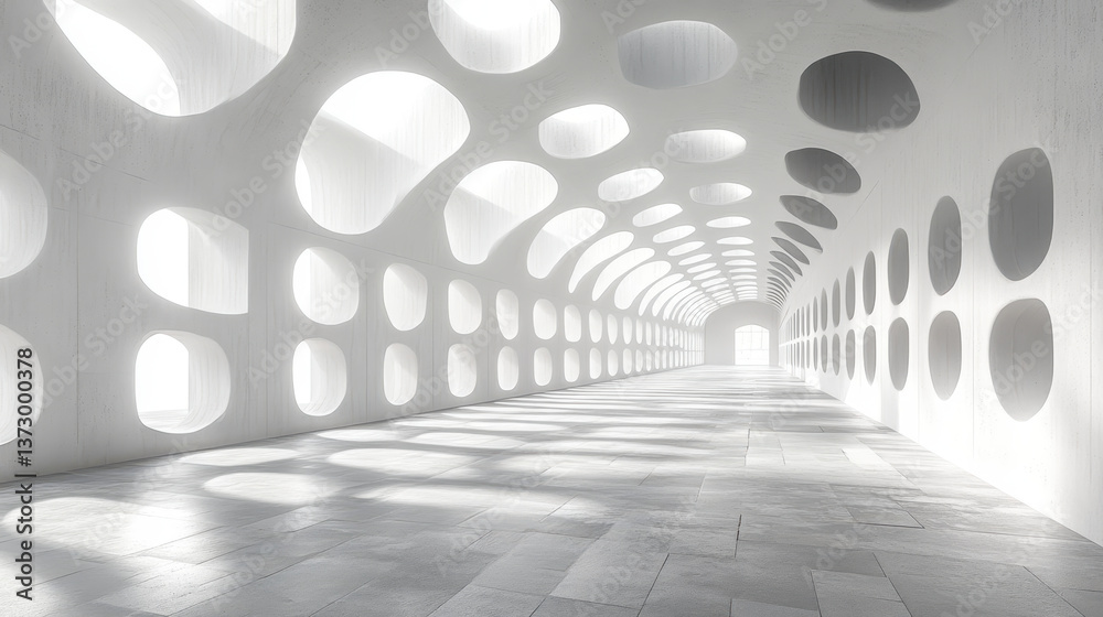 Poster futuristic white geometric architecture tunnel with circular patterns 3d render
