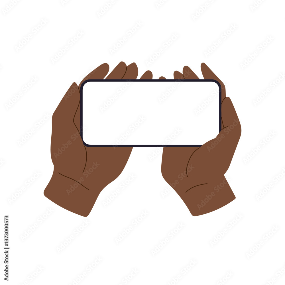 Poster phone in hand with blank screen, smartphone device held by user. african american man using mobile t