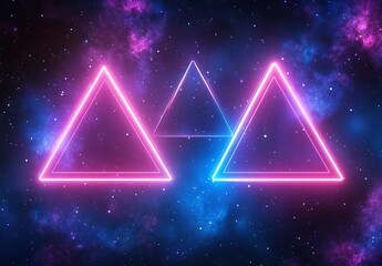 The image is a 3D render of an abstract background in pink and blue neon, incorporating a glowing triangle, ultraviolet light, a laser display, and a wall reflection that forms a triangular shape