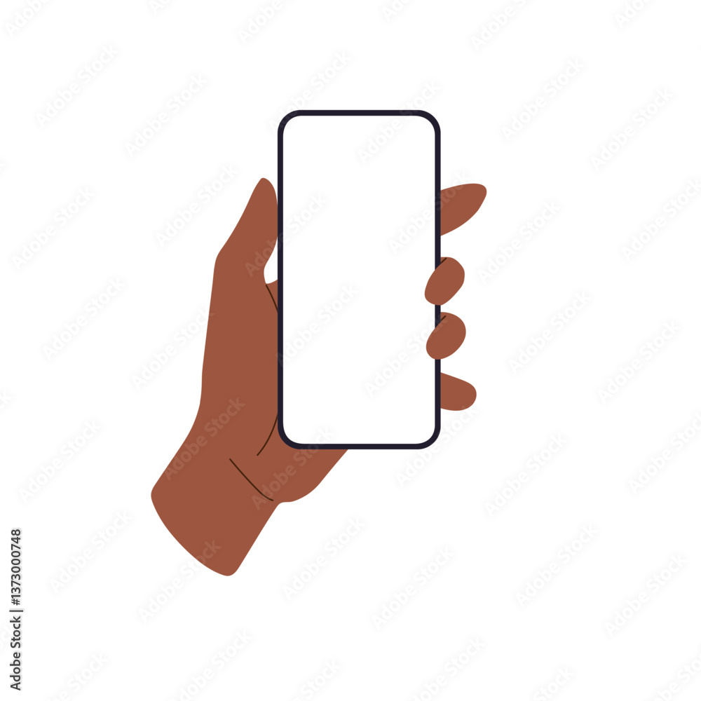 Poster Phone mockup with empty screen, mobile device held by hand, black skin person using smartphone vertically. user with dark skin, clean display for app. Flat vector illustration isolated on white