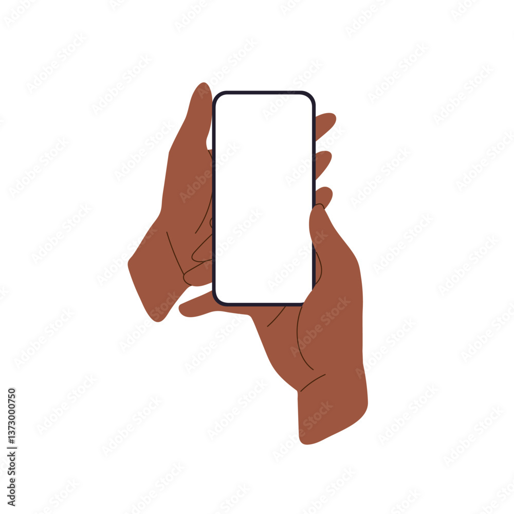 Poster Phone screen with hand and finger. using mobile device, holding smartphone, clean empty display, black cellphone frame, vertical app application. Mockup technology isolated on white background.