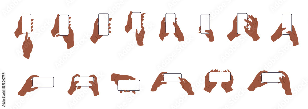 Poster phone with blank screen in hand, set. user holding mobile device, cellular telephone, smartphone or 