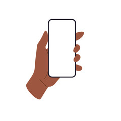 Phone mockup with empty screen, mobile device held by hand, black skin person using smartphone vertically. user with dark skin, clean display for app. Flat vector illustration isolated on white
