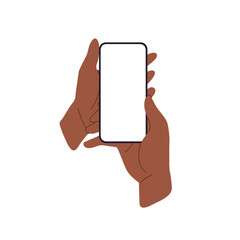 Phone screen with hand and finger. using mobile device, holding smartphone, clean empty display, black cellphone frame, vertical app application. Mockup technology isolated on white background.