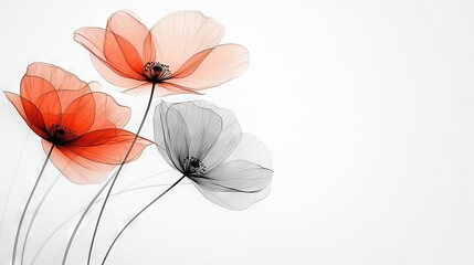   Three red flowers grouped on white background, in front of white wall