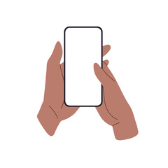 Phone with blank screen, hand holding smartphone, finger ready to use application or social media. Mobile device for online internet communication, clean modern technology. Flat vector illustration