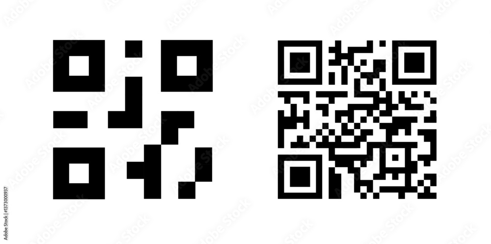Poster QR code set with frame and dot elements, black and white square symbol for digital scan. Modern barcode design for app, payment, smart technology. Flat vector illustration isolated on white background