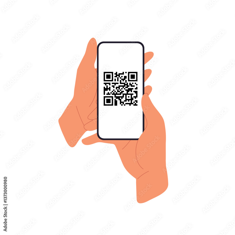 Poster hands holding mobile phone, qr code scanning, smartphone screen isolated on white. flat vector illus