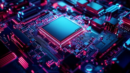 Obraz premium Futuristic microchip with glowing neon lights showcasing advanced technology