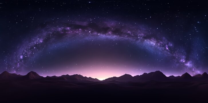 A 360 degree starry night sky texture is set against a night alien desert landscape, presented in equirectangular projection as an environment map and HDRI spherical panorama