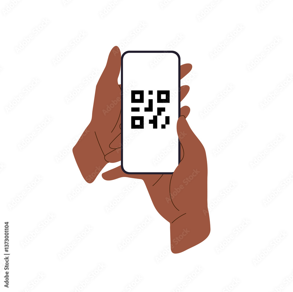 Poster QR code scan with smartphone, person holding mobile device and reading black square barcode. Digital payment, smart app use, electronic data. Flat vector illustration isolated on white background.