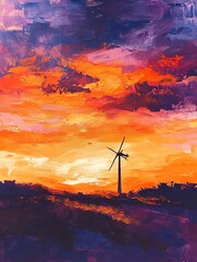 Obraz premium Wind turbine stands against a vibrant orange and purple sunset