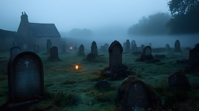 A candle-lit graveyard with mist rolling over the stones, casting an ethereal light on the old, weathered graves.