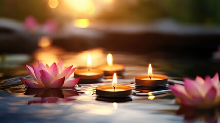 Floating Candles in a Garden Pond: Showcase a collection of lit candles floating on a garden pond at dusk, casting a warm glow and surrounded by blooming lotus flowers.