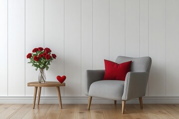 Modern living room with gray armchair, wooden side table, and romantic red Valentine’s accents