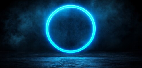 Fototapeta premium A futuristic portal with a blue glow and neon round shape, constructed from sci-fi metal