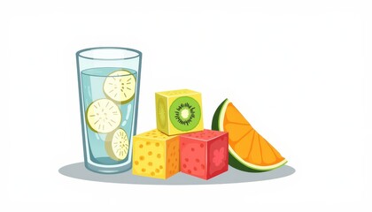 Fototapeta premium Colorful fruit ice cubes with refreshing water, summer coolness