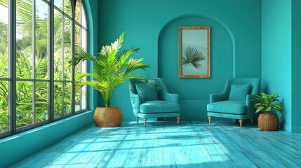 Serene turquoise room with plants and chairs.