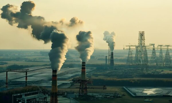 aerial view on smoked pipes of chemical enterprise plant. Air pollution concept. Industrial landscape environmental pollution waste of thermal power plant