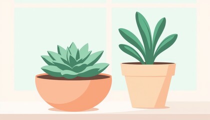 Obraz premium Stylish succulents in pastel pots on a sunny windowsill, modern decor
