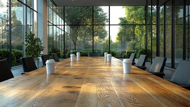 Modern conference room with large windows overlooking a garden, ideal for business meetings