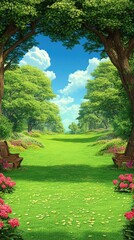 Verdant meadow view through trees, inviting with vibrant greenery, pink flowers, and park benches