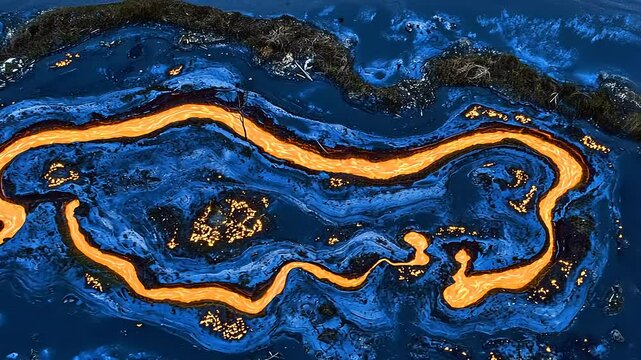Aerial view of vibrant blue and orange abstract landscape resembling flowing lava and water patterns