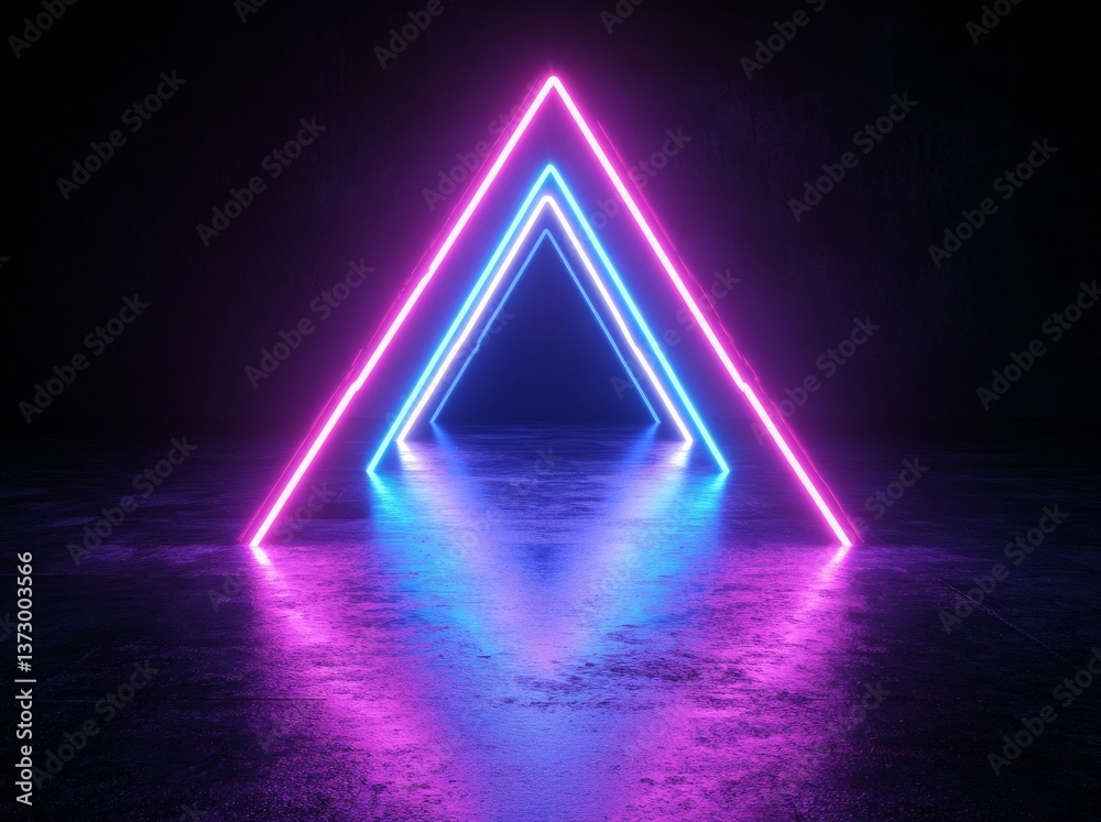 Poster a 3d rendering features an ultraviolet neon triangular portal with glowing lines, set within a tunne