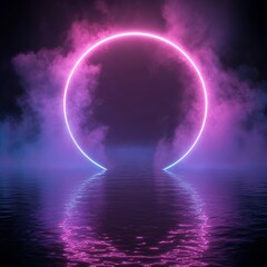 The scene depicts a round portal set against an abstract background, filled with pink and blue neon lights, and elements of virtual reality, including circles, an energy source, glowing rings, and