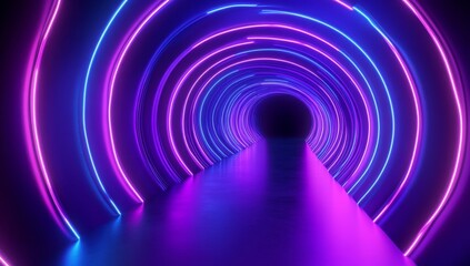 Obraz premium The scene is a 3D render of a virtual reality environment filled with neon lights, round portals, and circular patterns, complete with an ultraviolet-infused abstract background, a laser light show,