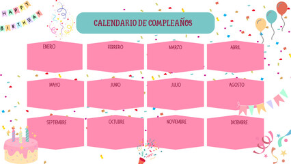 A colourful and playful Spanish birthday calendar template with decorative wavy sections for each month, balloons, stars and pastel colours for a fun and upbeat design.