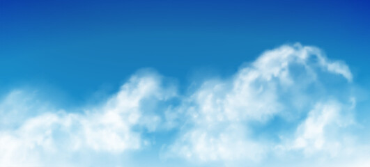 White clouds on blue sky background. Realistic transparent cloudy fluffy soft texture. Sunny atmosphere Outdoor summer floating cloudy heavens