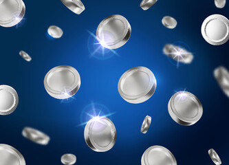 Silver metal coins falling. Business cash flow. Finance success. Casino background. Realistic silver coins rain isolated on blue background. Wealth flow.