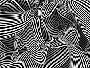 Optical Illusion stripes texture. Abstract Geometric black and white stripes Background Vector Design. Ripple funky wavy background, Pop art curves
